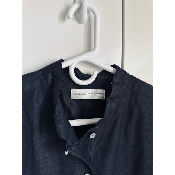 Vintage 90s Minimalist Linen Black Blouse Size 10P Long Sleeve Mock Collar Chic - Picture 7 of 9